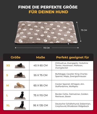 Лежак для собак HS-Hundebett® L 75x115 см, двосторонній, м'який, 3 см наповнювач, для дивана, авто та будки, колір бежевий з лапками, зроблено в Німеччині