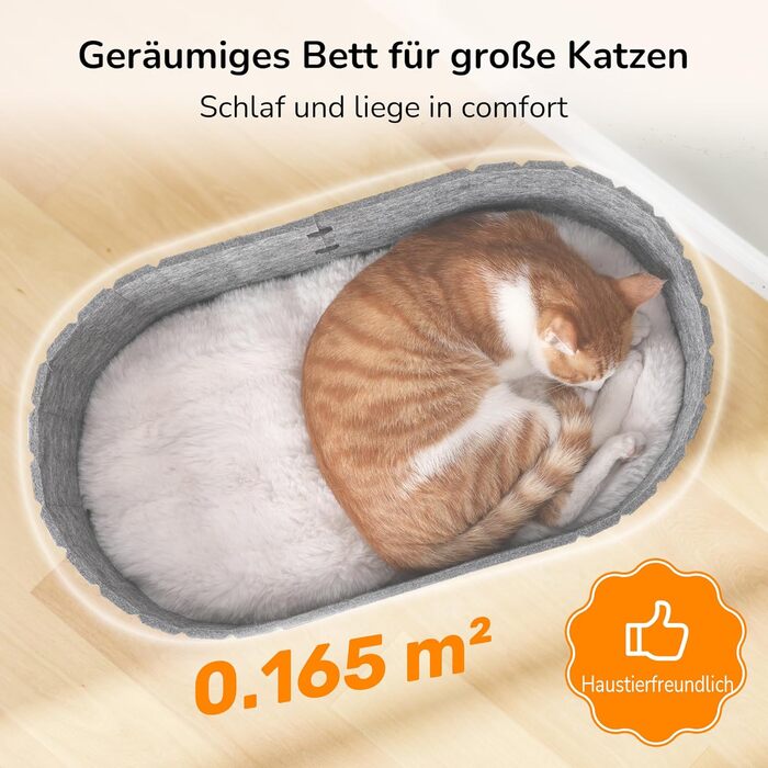 Ліжко для котів FUKUMARU, сіре овальне ліжко-диван з м'яким штучним хутром, філц, 61 см