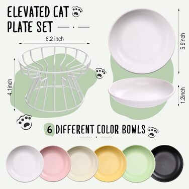 Набори мисок для котів Hushee з кераміки з металевим підставкою, анти-блювотні, придатні для миття в посудомийній машині, плоскі миски для води та корму для кошенят та маленьких собак, 6 шт.
