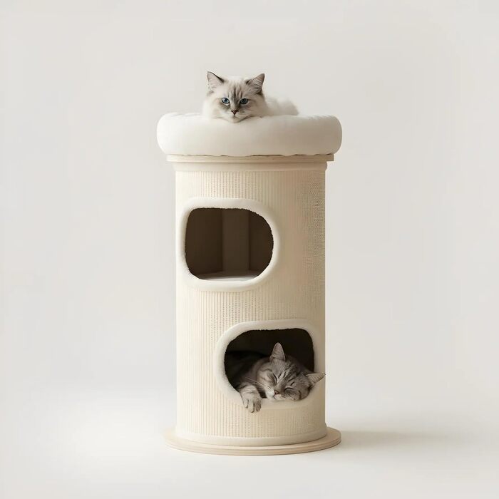 Драбина-будинок для котів PetRhein з сизалю, з печерею та плюшевим краєм, висота 89 см. Стабільна драбина для котів будь-якого розміру, ідеальна для догляду за кігтями та розваг. З зручною лежанкою зверху та компактною основою (діаметр 48 см, висота 89 см