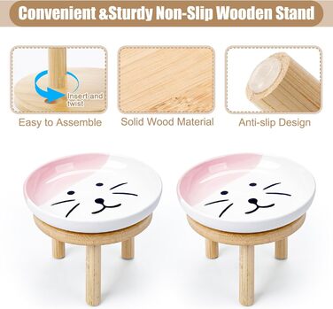 Набір мисок для котів з бамбукового підставки, 15 см, кераміка, 2 шт. (зелений/рожевий)