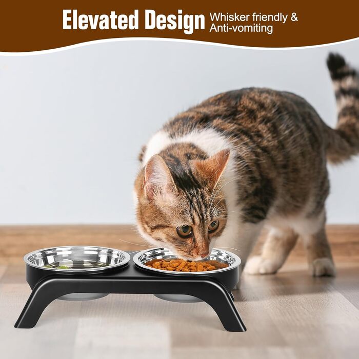 Підвищені миски для котів Befoco, проти блювоти, набір з 2 мисок з нержавіючої сталі, запобігає болю в шиї, миски для котів з ABS-підставкою, протиковзкі, для котів, сірий колір