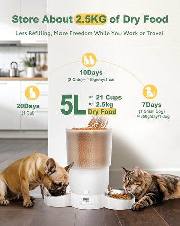 Автоматичний годівниця для котів та собак Gimars 5L з LCD-дисплеєм, 2 миски, програмування, 1-6 прийомів їжі, голосовий запис, білий колір