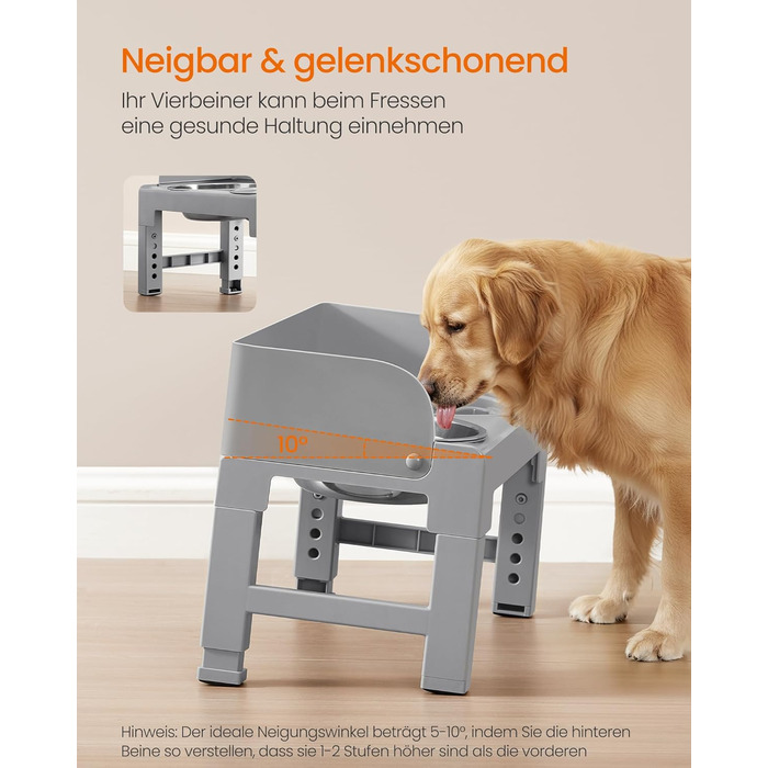 Підвищена годівниця для собак Feandrea з регульованою висотою та нахилом, 2 миски з нержавіючої сталі 304, миска для повільного годування, сірий колір, PRB103GD01
