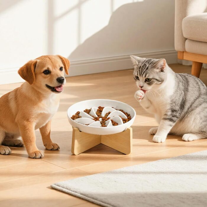 PETTOM Миска для котів протиковзаюча піднята, керамічна миска для котів, повільна годівниця для котів, миска протиковзання для котів та маленьких собак, біла миска + підставка (миска біла-квітка + підставка)