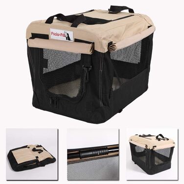 Складана переносна переносна коробка для собак Pocky, розмір S, бежево-чорна, 49x34x34 см, нейлон 600D, міцна