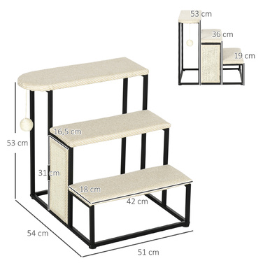 PawHut Pet Stairs 3-ступінчасті сходинки для кішок Сходи для собак з кігтеточкою та ігровим м'ячем зі сталі та сизалю 51x54x53см для котів та собак