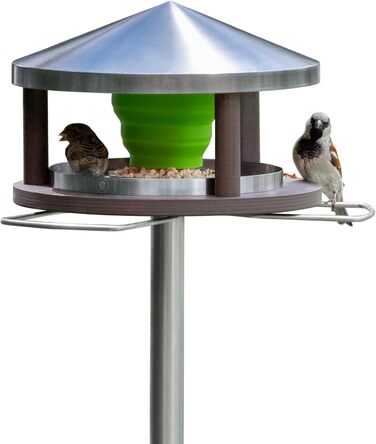 Пташник LicusDesign з підставкою: стійкий, з нержавіючої сталі, для вулиці. Сучасний годівничка для птахів з металу, коричнево-зелений воронка