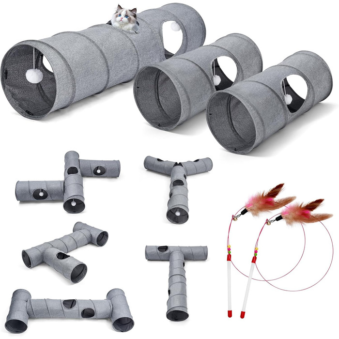 Туннель для котів Odoland з льону, складаний, з м'ячиком. Іграшка для котів, цуценят та дрібних тварин. Сірий колір