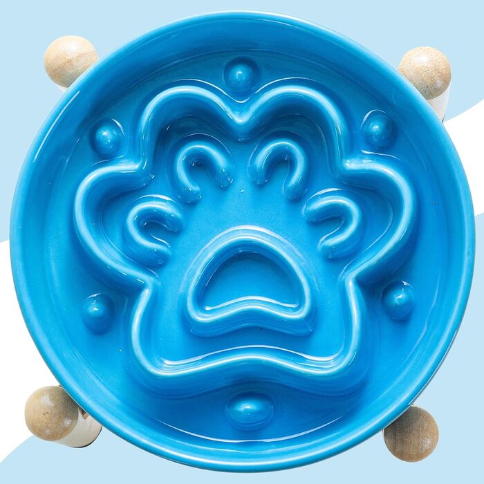 Миска для собак LE SERVETA Slow Feeder з кераміки, піднята, 3 миски, з дерев'яною підставкою, для собак середніх та великих порід, інтелектуальна миска-пазл (Блакитна)