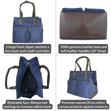 Сумка-переноска для собак DJANGO - велика, waxed canvas та шкіра, з кріпленням-поводком та кишенями на блискавці (marineblau)