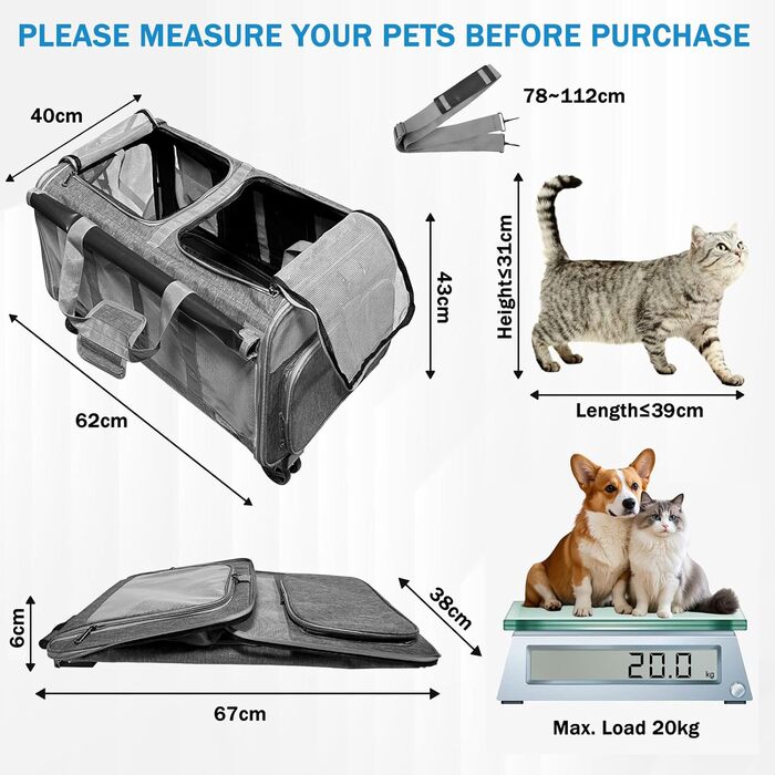 Транспортна переноска для котів та собак на 20 кг з 2 відділеннями, колесами та телескопічним ручками (сіра)