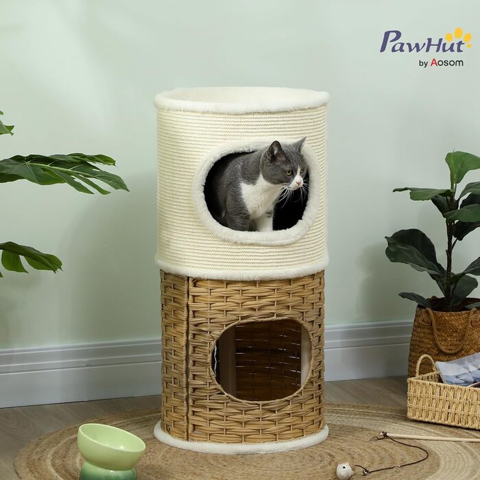 Котячий будиночок PawHut 80 см, 3-ярусний, з плюшевим обідком, колір кремово-білий+коричневий