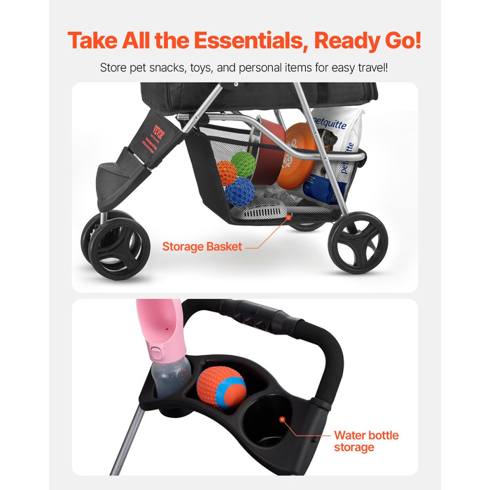 Візок для собак VEVOR, вантажопідйомність 16 кг, складний, для котів та собак, 3 колеса, сітчасті вікна, тримачі для напоїв, гальмо, для маленьких та середніх тварин