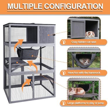 Дім для кота з дерева для вулиці та дому, велике котяче укриття на колесах, Catio-клітка з посиленими дерев'яними смугами, водонепроникним дахом (C Type, Medium-UP)