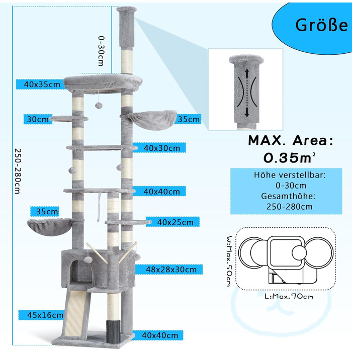 Котячий будиночок Hey-brother Kratzbaum: регульований котячий комплекс 250-280 см, до стелі, для великих котів, з гніздом, сірий, 0MPJ091W