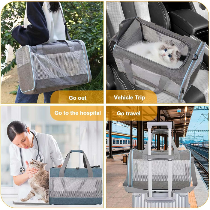 Транспортна переноска для кота KunpengZen, переноска для собаки, складана, з регульованим плечовим ременем, знімним плюшевим матрацом, для котів до 7.5 кг, для подорожей, авто, до ветеринара, блакитна