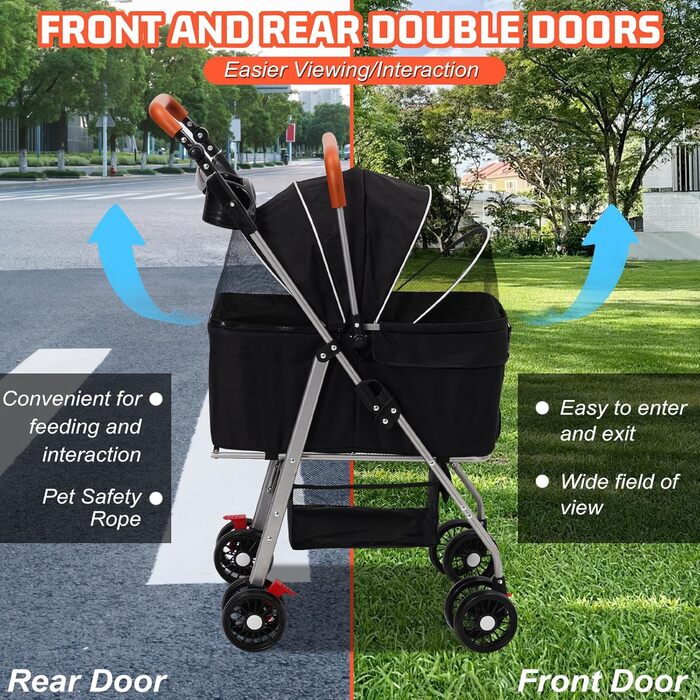 Візок для собак 3 в 1, до 20 кг, складний, з колесами, кошиком, сіткою, тримачем для напоїв, регульованою ручкою, для собак та котів