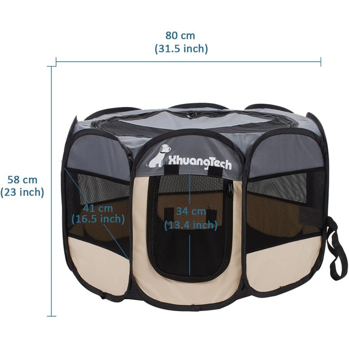 Клітка-манеж для тварин XhuangTech: собаки, коти, цуценята, 80x80x58.4 см, м'який матеріал, портативна, складана, для дому та вулиці, сіра та бежева