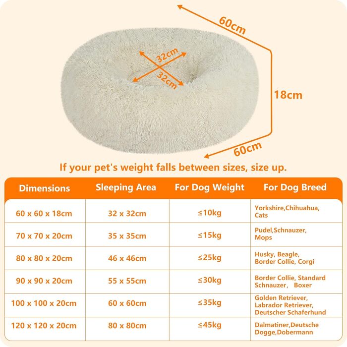 Ортопедичне ліжко для собак, кругле, м'яке, для котів та собак, 60 см, бежеве