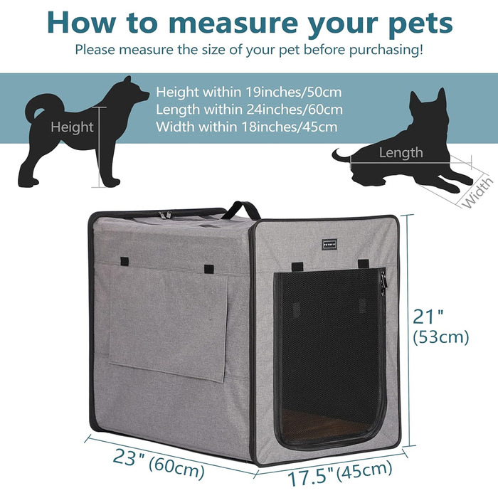 Petsfit переносна велика собача переноска, легка тканинна клітка для подорожей із трьома сітчастими вікнами та кишенею для корму, для середніх і великих собак, світло-сіра