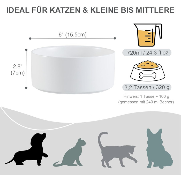 Керамічна миска для собак, годівниця для собак - неслизька миска для собак маленьких та середніх порід, миска для води для великих котів - керамічна миска для корму та води - 15 см - 320 г / 720 мл - біла