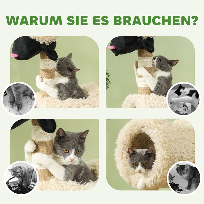 PawHut Cat Tree 98 см Cat Tree з кігтеточкою, тунель, ігровий м'яч, кігтеточка для кішок в дизайні Sheep, для кішок до 5 кг, світло-коричнева | Аосом