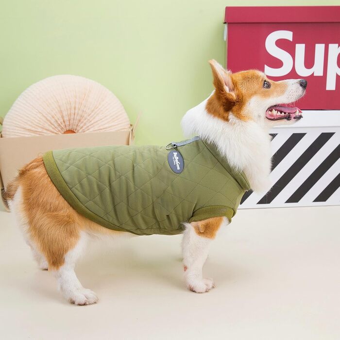 Зунеа Тепла куртка для собак маленьких та середніх порід, для коргі, з кільцем D, флісова підкладка, зимова куртка, захист від холоду, жилет, для цуценят, м'яка, для хлопчиків, такса, зелена, XXL Зелена