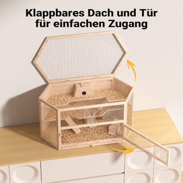 Клітка для тварин Wiltec 3-ярусна, 600x400x800 мм, дерев'яна, з відкидним дахом та оглядовим вікном, для мишей, хом'яків (116x60x59 см)