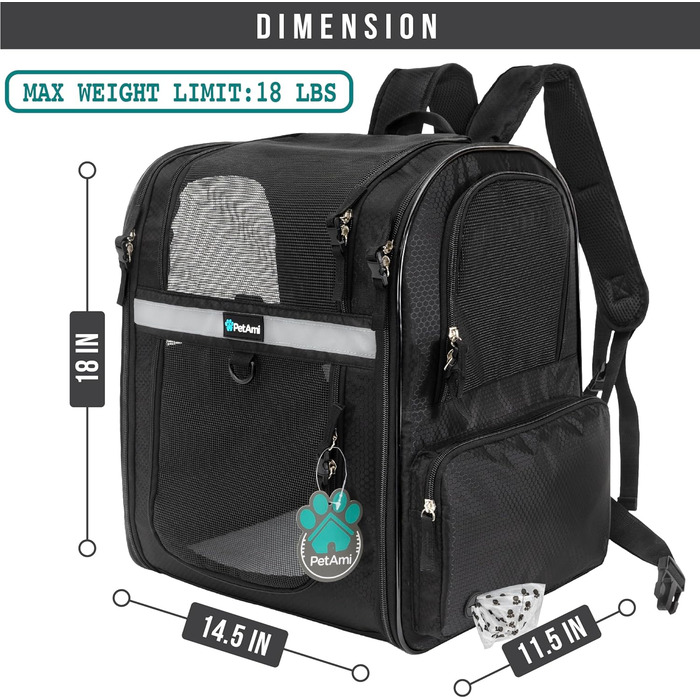Рюкзак для котів та собак PetAmi Medium, чорний, з вентиляцією, для подорожей та перевезення в літак