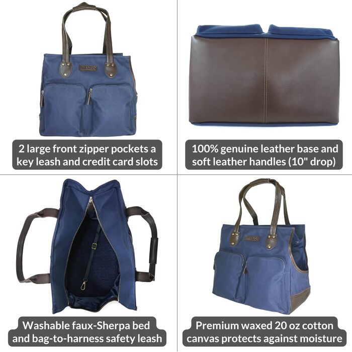 Сумка-переноска для собак DJANGO - велика, waxed canvas та шкіра, з кріпленням-поводком та кишенями на блискавці (marineblau)