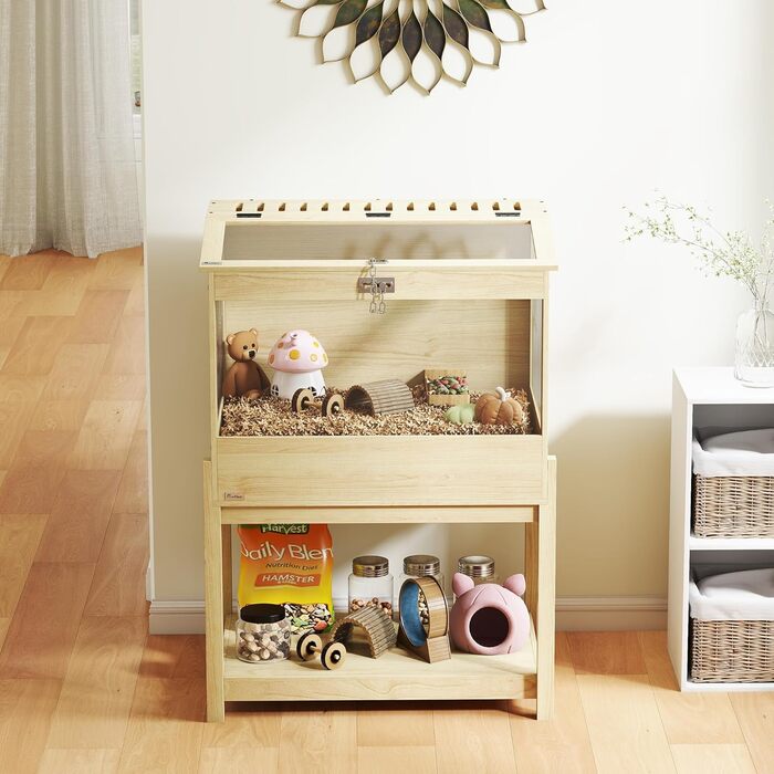 Клітка для хом'яків PawHut 2 поверхи, для дрібних тварин з відкидним дахом, 83,2 x 50 x 103 см, натуральне дерево