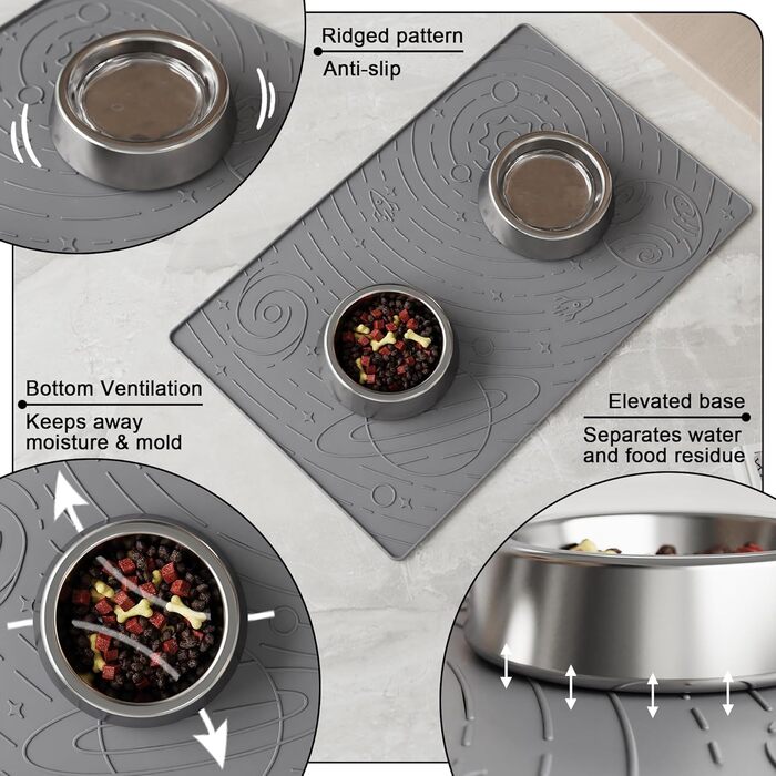Підкладка під миску для собак та котів OHMO, 60x40 см, силіконова, неслизька, вологостійка, сіра