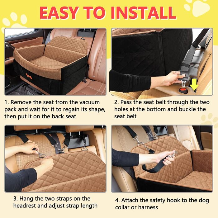 Автокрісло для собак PetsHome: комфортне та безпечне автокрісло для середніх та великих собак, знімний чохол, м'яке Memory Foam, кишені, 2 ремінці безпеки, коричневе