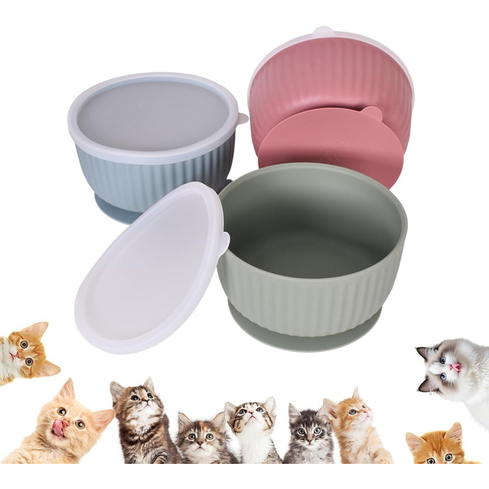 Набір мисок для котів та маленьких собак з силікону (3 шт) з кришками, неслизькі, для мікрохвильовки та посудомийної машини, смугастий дизайн