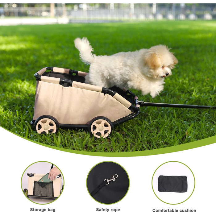 Міні-візок для тварин, складаний універсальний візок для покупок з висувною ручкою, для прогулянок на вулиці, з подушкою та страхувальним тросом, з кишенькою (Хакі)