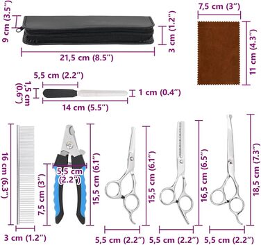 Набір професійних ножиць для собак з витончувальними ножицями, кусачками для нігтів та гребінцем - для всіх пухнастих домашніх тварин, сріблястого кольору, 15,5 x 5,5 см