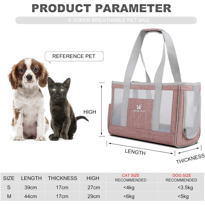 PETCUTE Сумка-переноска для собак і котів з знімною підстилкою, безпечний поводок, дихаюча переноска для котів та маленьких собак, схвалена авіакомпаніями (S, Рожевий)