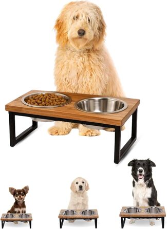 Підвищений дерев'яний стійка для собак AASPIRE PETS з 2 нержавіючими мисками – для води та корму, об'єм 0,9 л, годівниця для собак середніх та великих порід
