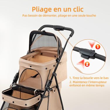 Дитяча візок для тварин Homewell з 2 ярусами, складний, для собак та котів, знімний кошик, тримач для напоїв, безпечний поводок, вантажопідйомність 25 кг (Хакі)