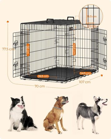 Клітка для собак Feandrea XL, складана, з 2 дверцятами, висувний пластиковий піддон, 107x70x77,5 см, чорна