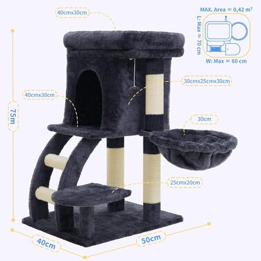 Кігтеточка для котів Heybly HCT009SM сірого кольору, 75 см, з платформою, печерою, гамаком та драбиною