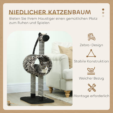 Кігтеточка PawHut Zebra Design з котячим тунелем Ø25 см, Cat Tree 93 см, стовбури для дряпання Black White для кішок