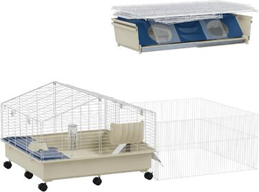 Клітка для дрібних тварин PawHut з вольєром, клітка для кроликів, клітка для дрібних тварин з пляшкою для води, годівницею для сіна, рампою, коліщатками. Підходить для морських свинок та їжаків. Білий колір.