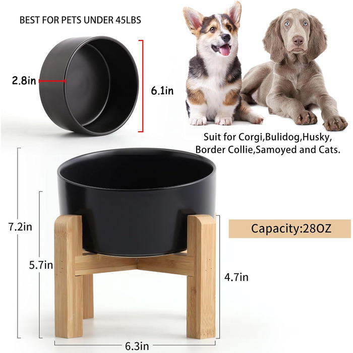 Керамічна годівниця для собак та котів Petygooing, нахилена, протиковзна, з підставкою, чорна, 3.6 літри