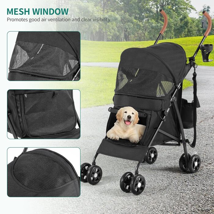 Візок для собак та котів YITAHOME Bis 11,3kg, чорний: складаний, з EVA-колесами, кошиком, сіткою, тримачем для напоїв