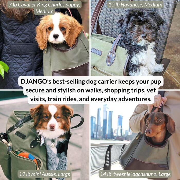 Сумка-переноска для собак DJANGO - велика, оливковий, waxed canvas та шкіра. Безпечний поводок-кріплення та кишені на блискавці
