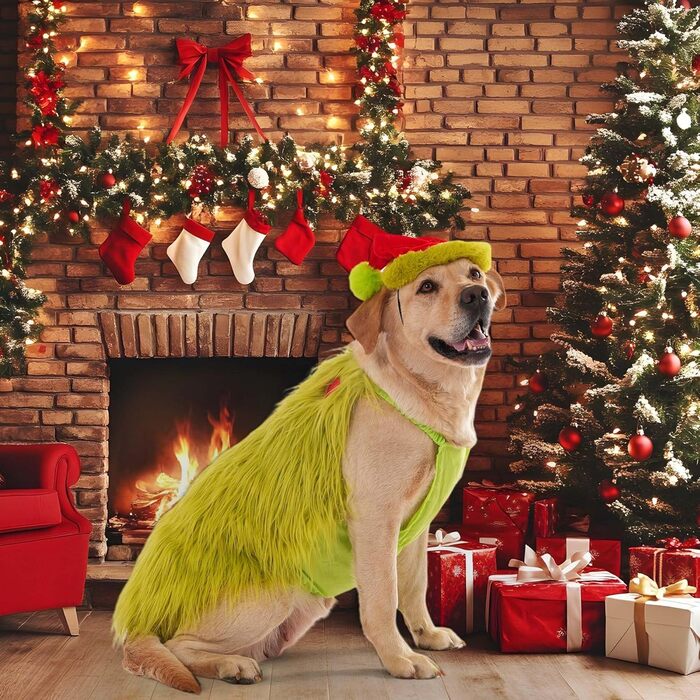 Костюм для собак з новорічною шапочкою, для собак та котів, костюм на Хелловін, костюм для маленьких, середніх та великих собак, розмір 4XL, зелений, обхват грудей 88 см