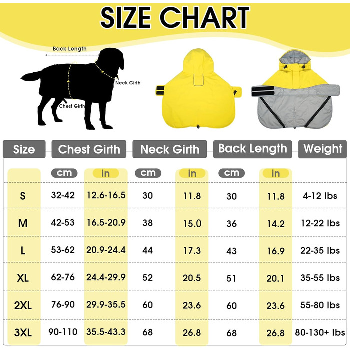 Жовтий дощовик для собак M, водонепроникний дощовик з капюшоном, світловідбиваючі елементи, регульований, з петельками для ніг та отвором для повідка, для собак маленьких, середніх та великих порід