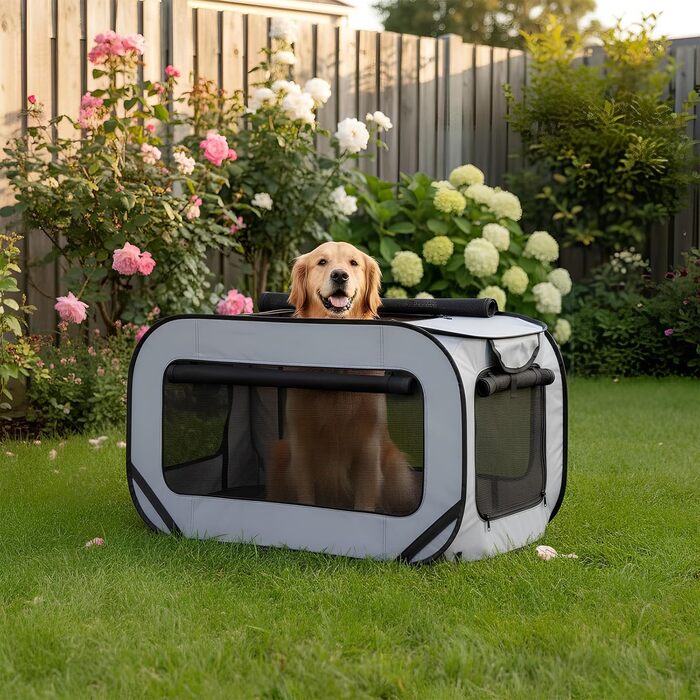 Транспортна переноска для собак та котів, сіра, 94x53x53 см, складана, з подвійними дверцятами, Oxford тканини